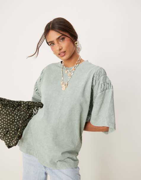ASOS DESIGN oversized t-shirt with ruched sleeve detail in washed khaki - view 1