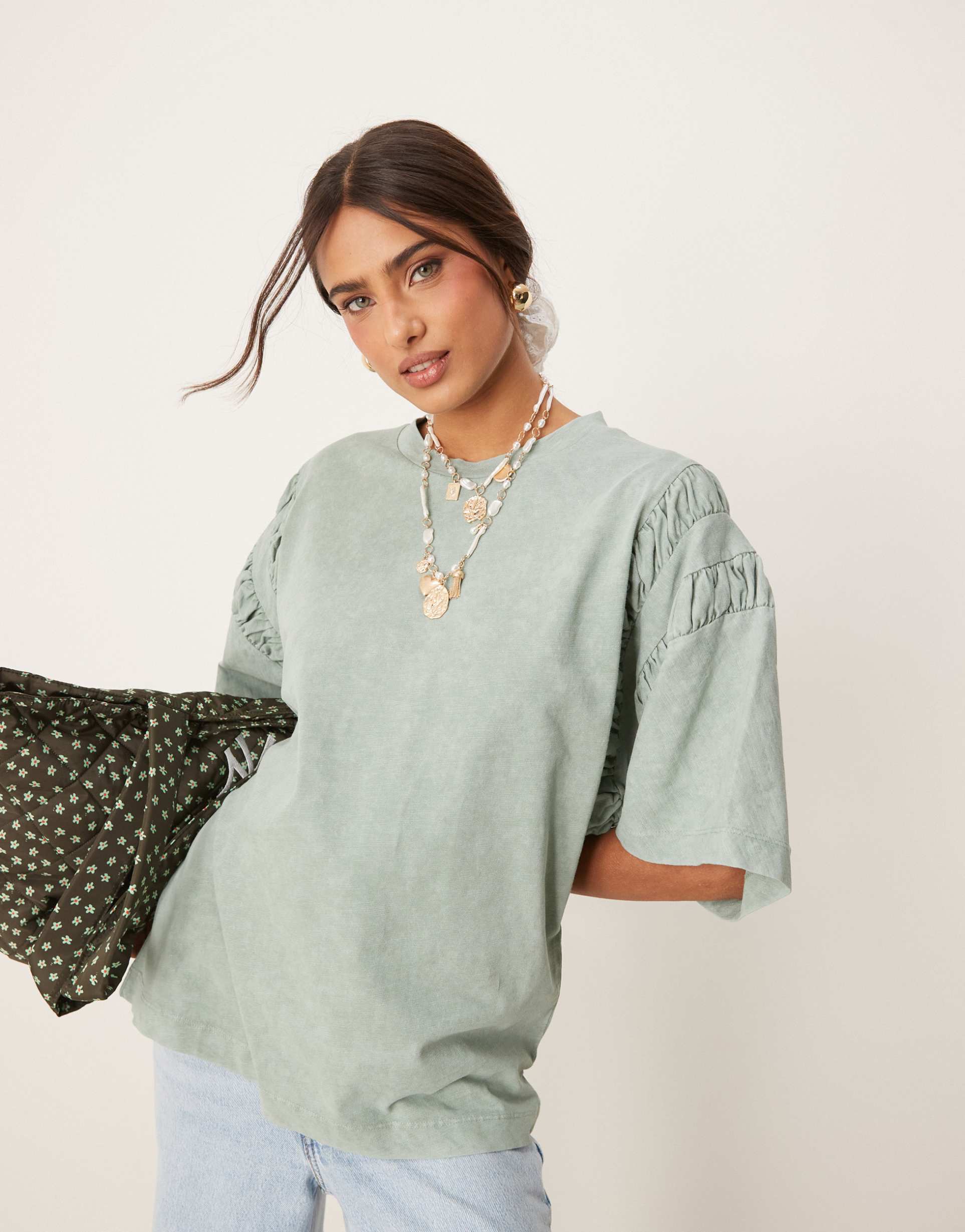 asos design oversized t-shirt with ruched sleeve detail in washed khaki