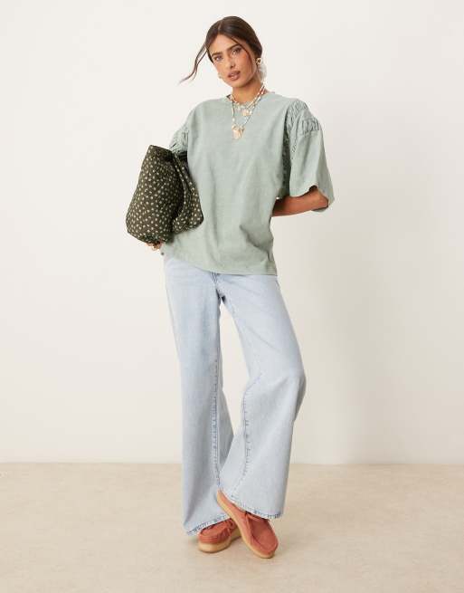 ASOS DESIGN oversized T-shirt with ruched sleeve detail in washed khaki