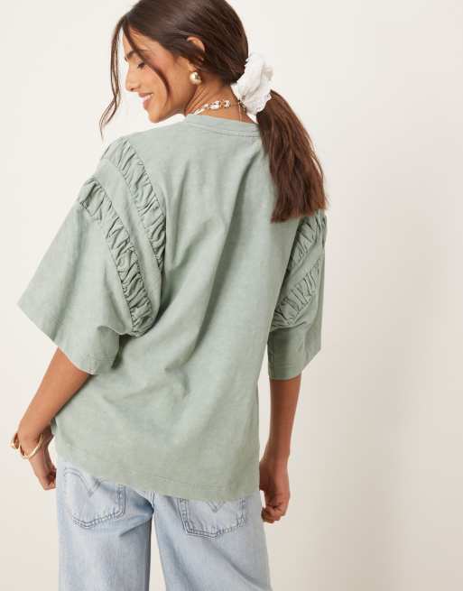 ASOS DESIGN oversized T-shirt with ruched sleeve detail in washed khaki