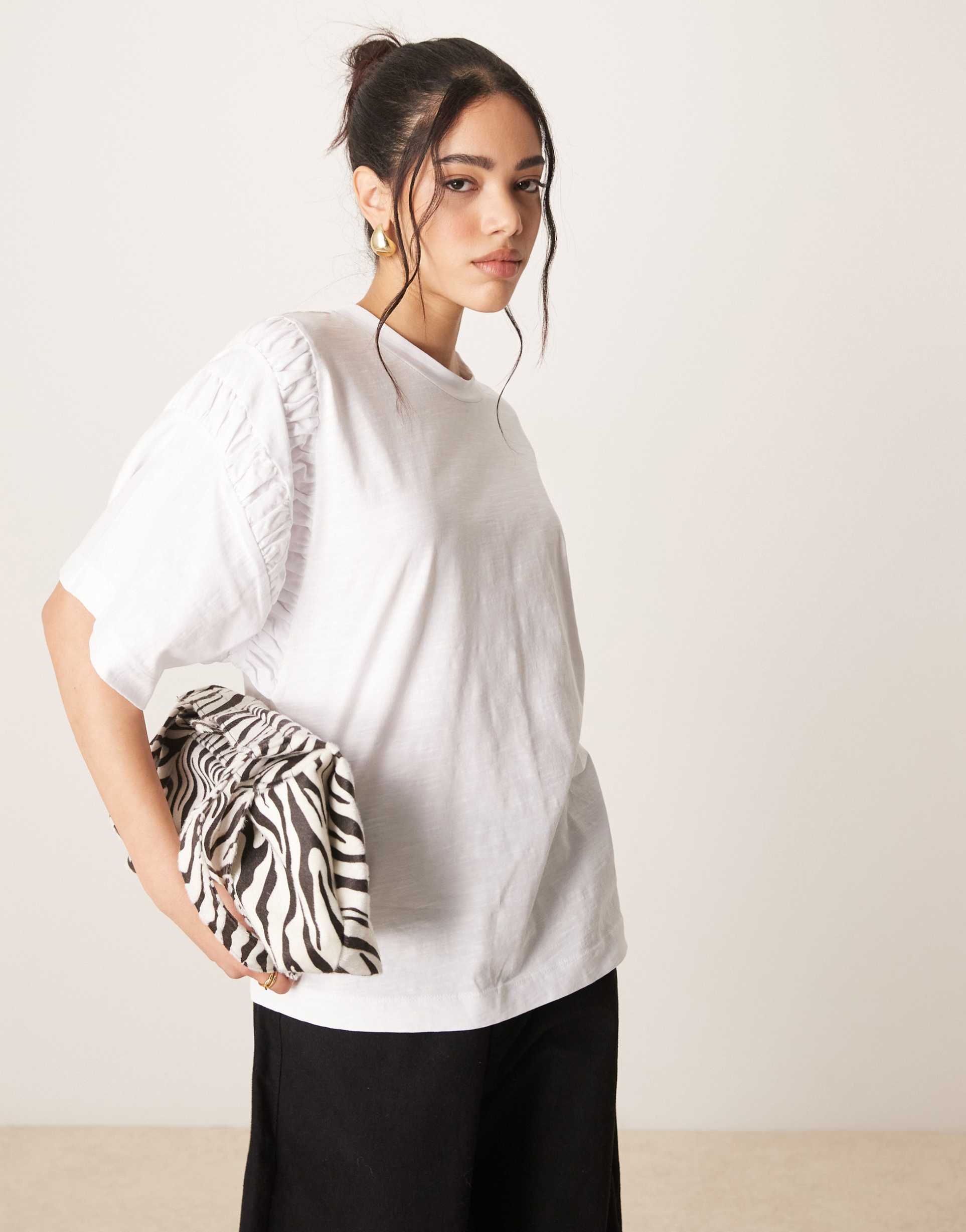 asos design oversized t-shirt with ruched sleeve detail in white