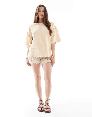 Asos Design Oversized T-shirt With Ruched Sleeve Detailing In Neutral
