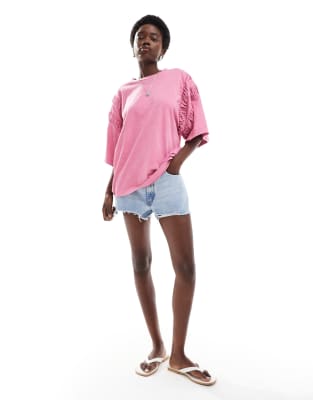 Asos Design Oversized T-shirt With Ruched Sleeve Details In Pink