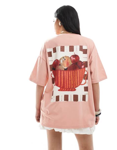 ASOS DESIGN oversized t shirt with rustic fruit bowl graphic in dusky pink - view 1