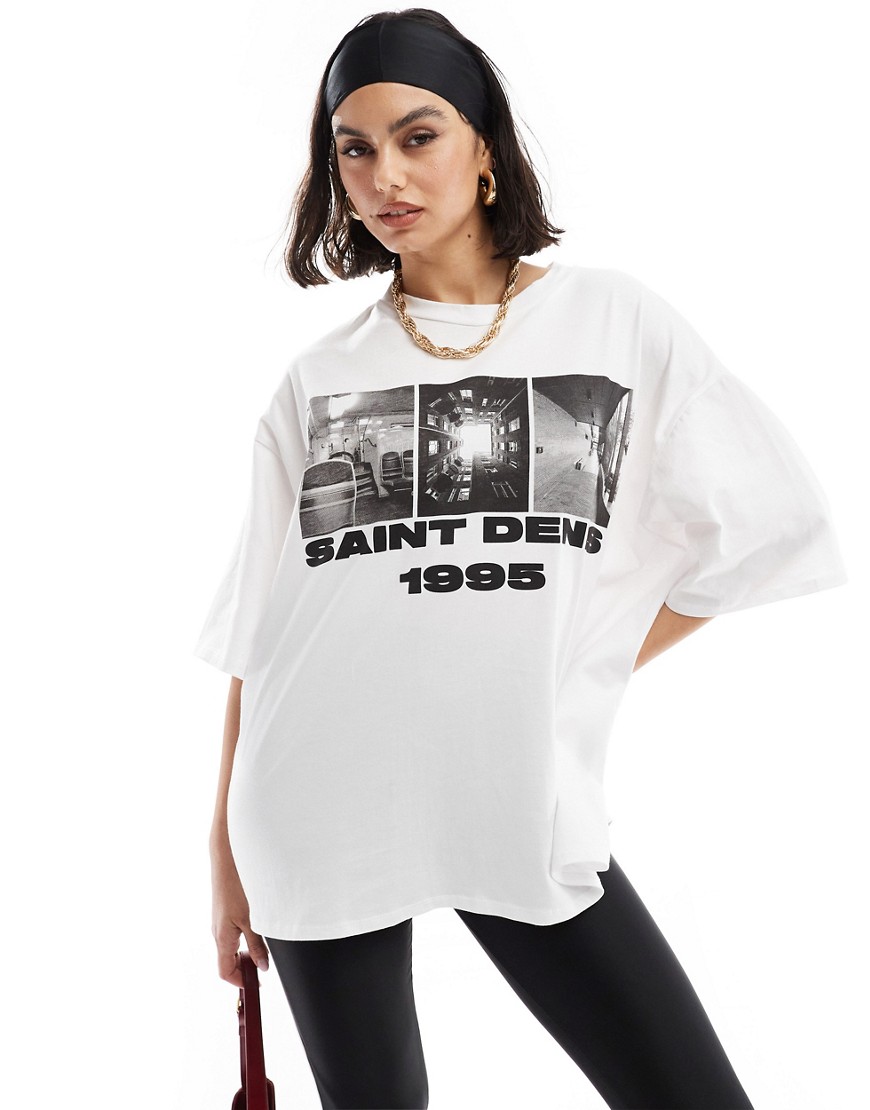 ASOS DESIGN oversized t-shirt with saint denis 1995 graphic in white