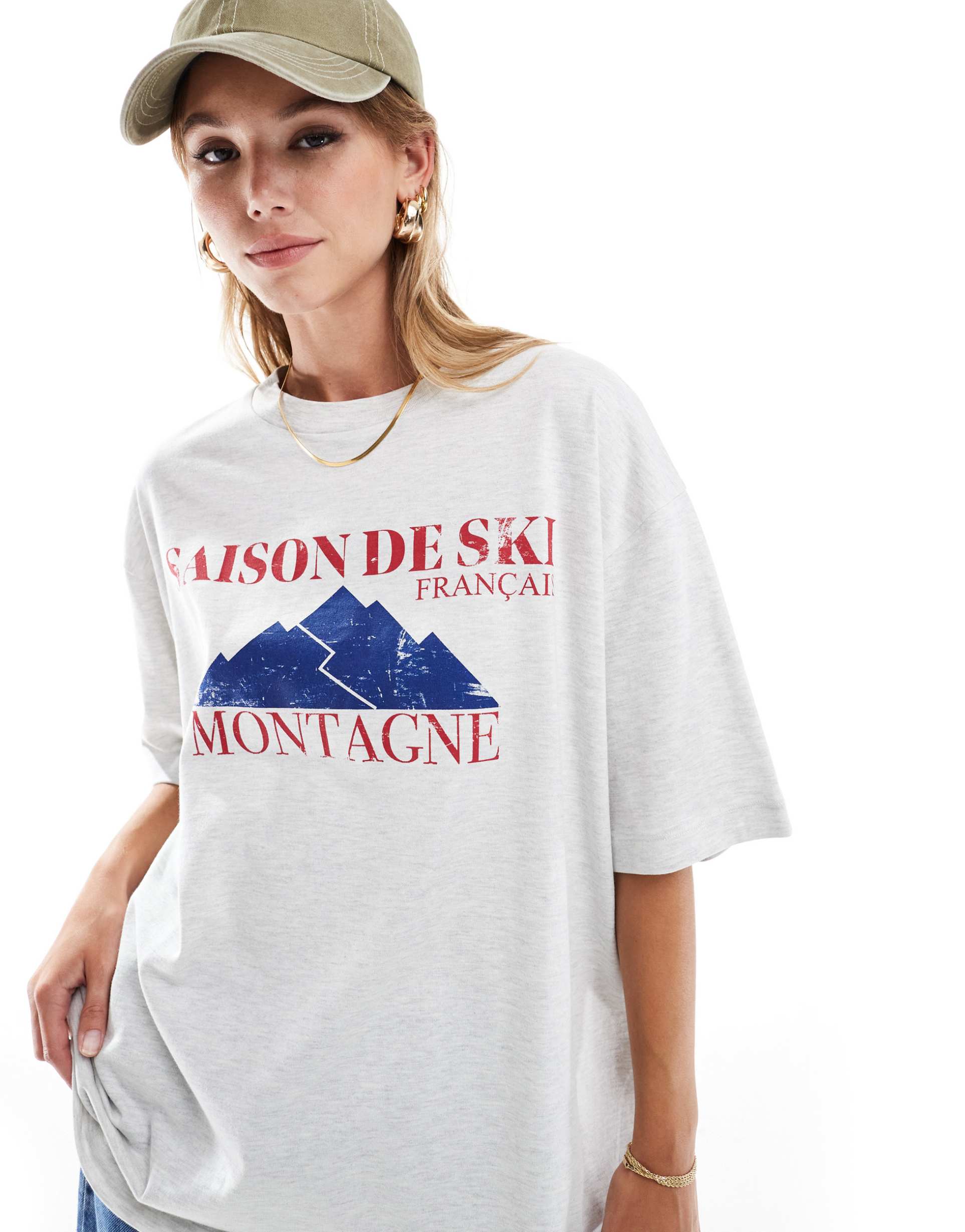 asos design oversized t-shirt with saison de ski graphic in heathered ice