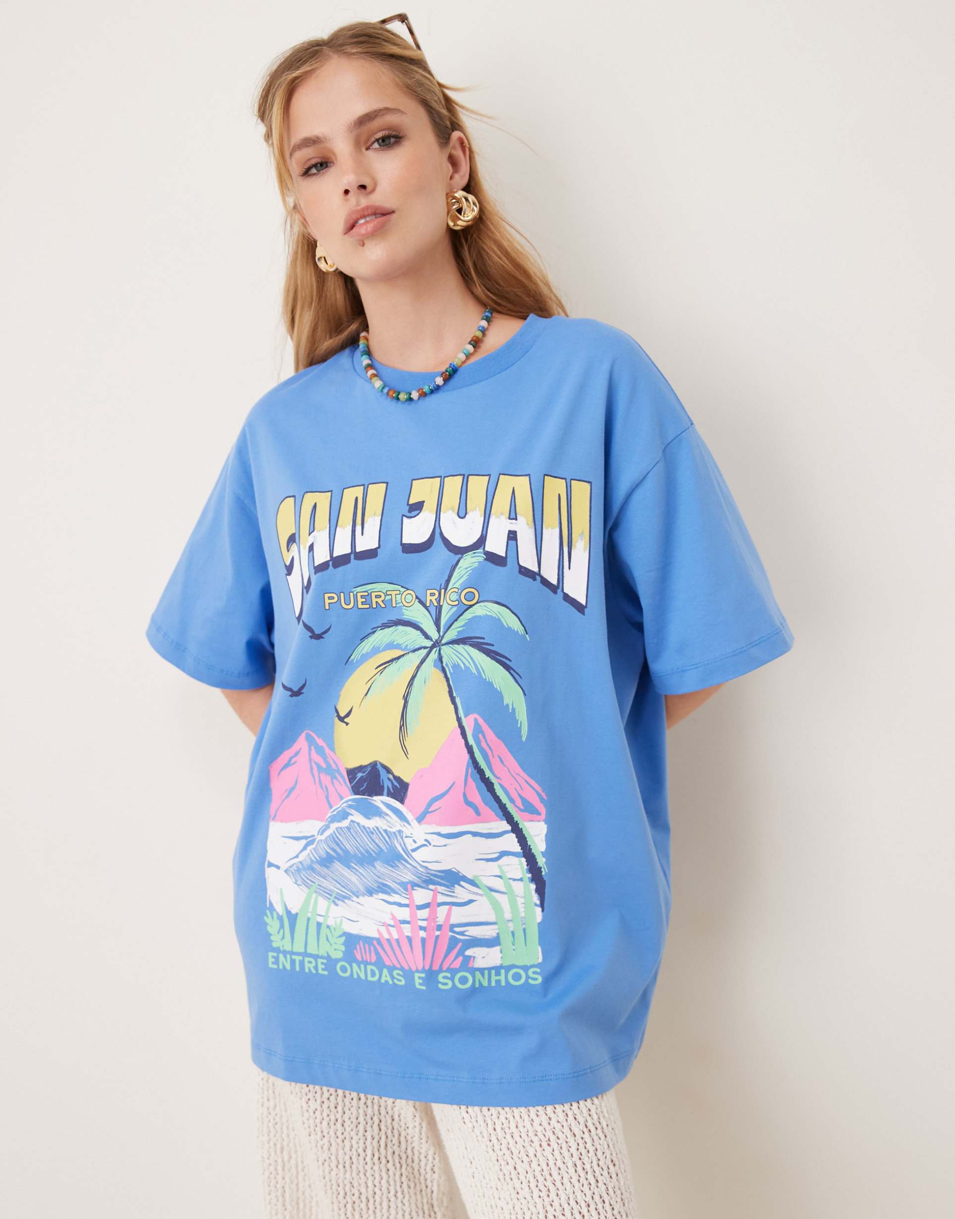 asos design oversized t-shirt with san juan palm tree graphic in blue