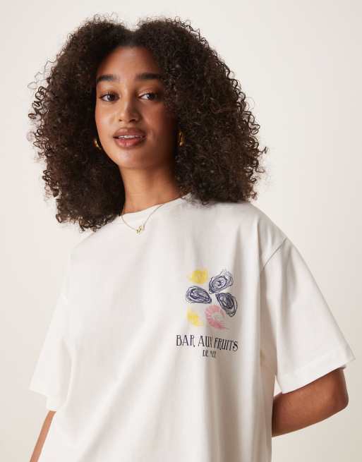 ASOS DESIGN oversized t-shirt with seafood graphic in cream