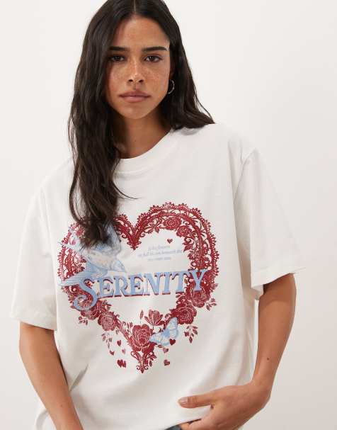 ASOS DESIGN oversized T-shirt with serenity lace graphic in cream - view 1