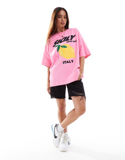 ASOS DESIGN oversized t-shirt with sicily lemon graphic in pink, 2 of 4