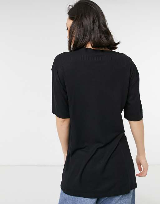 ASOS DESIGN oversized t-shirt with side splits and stitch detail in rib in black, 2 of 4