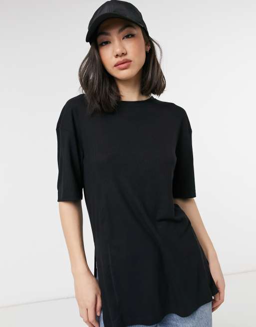 ASOS DESIGN oversized t-shirt with side splits and stitch detail in rib in black, 3 of 4