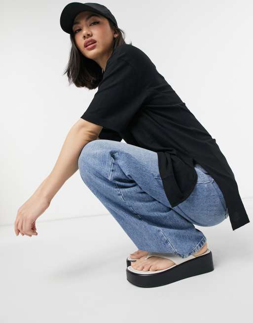 ASOS DESIGN oversized t-shirt with side splits and stitch detail in rib in black, 4 of 4