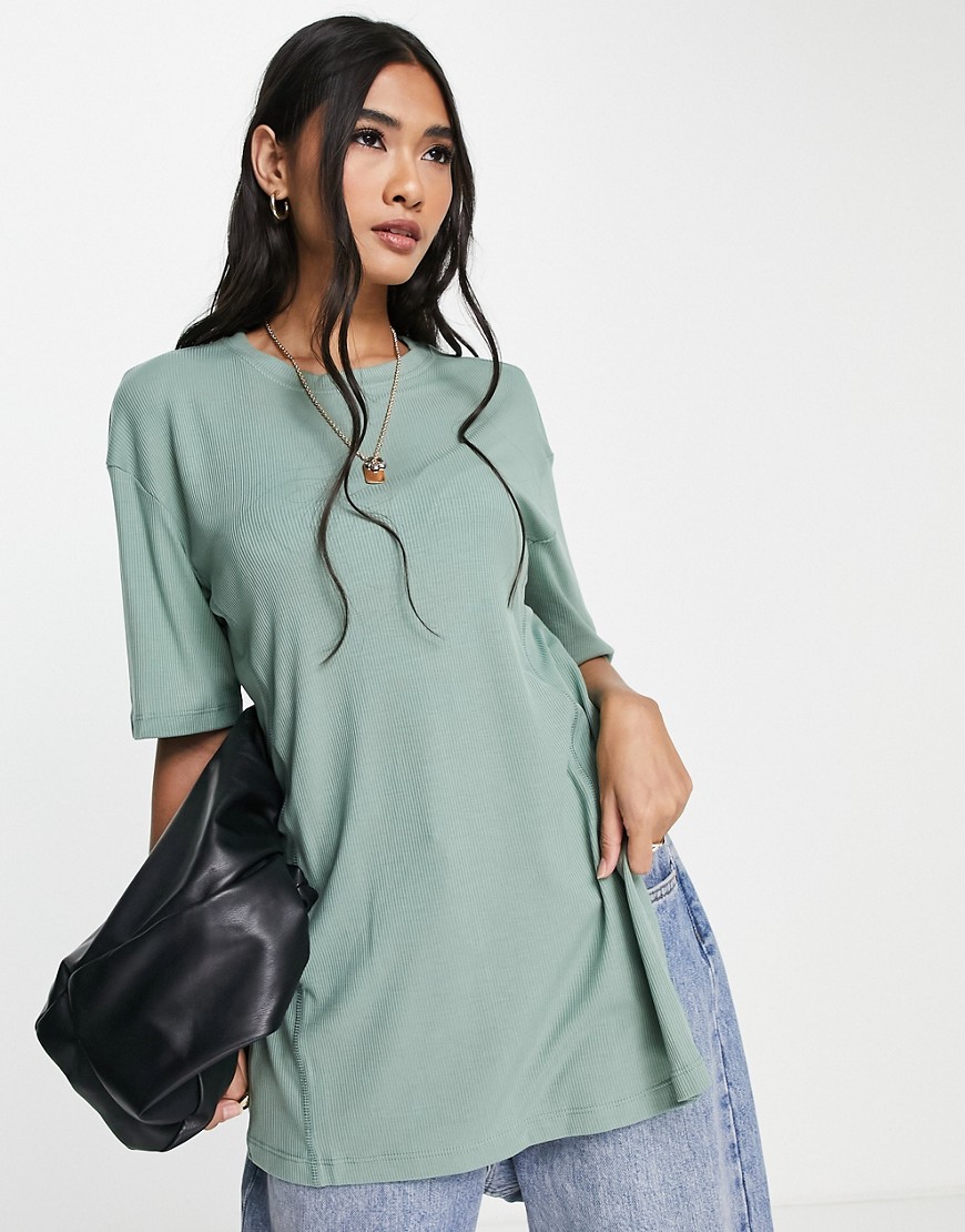 ASOS DESIGN oversized t-shirt with side splits and stitch detail in rib in teal-Green