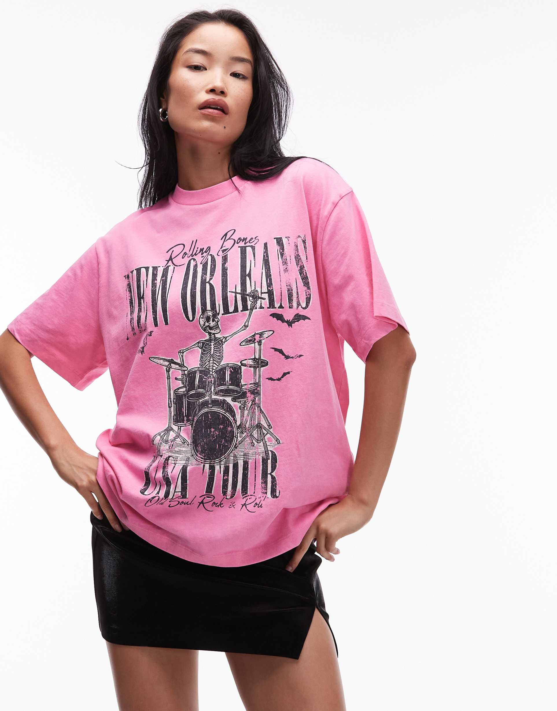 asos design oversized t-shirt with skeleton graphic in washed pink