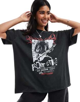 oversized t-shirt with skeleton rock graphic in washed charcoal-Gray