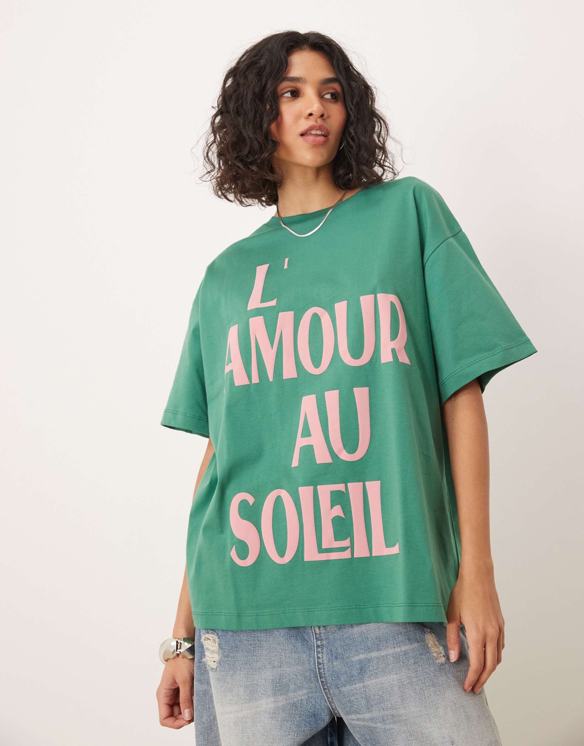 asos design oversized t-shirt with soleil graphic in green