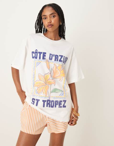 ASOS DESIGN oversized t-shirt with St Tropez graphic in cream - view 1