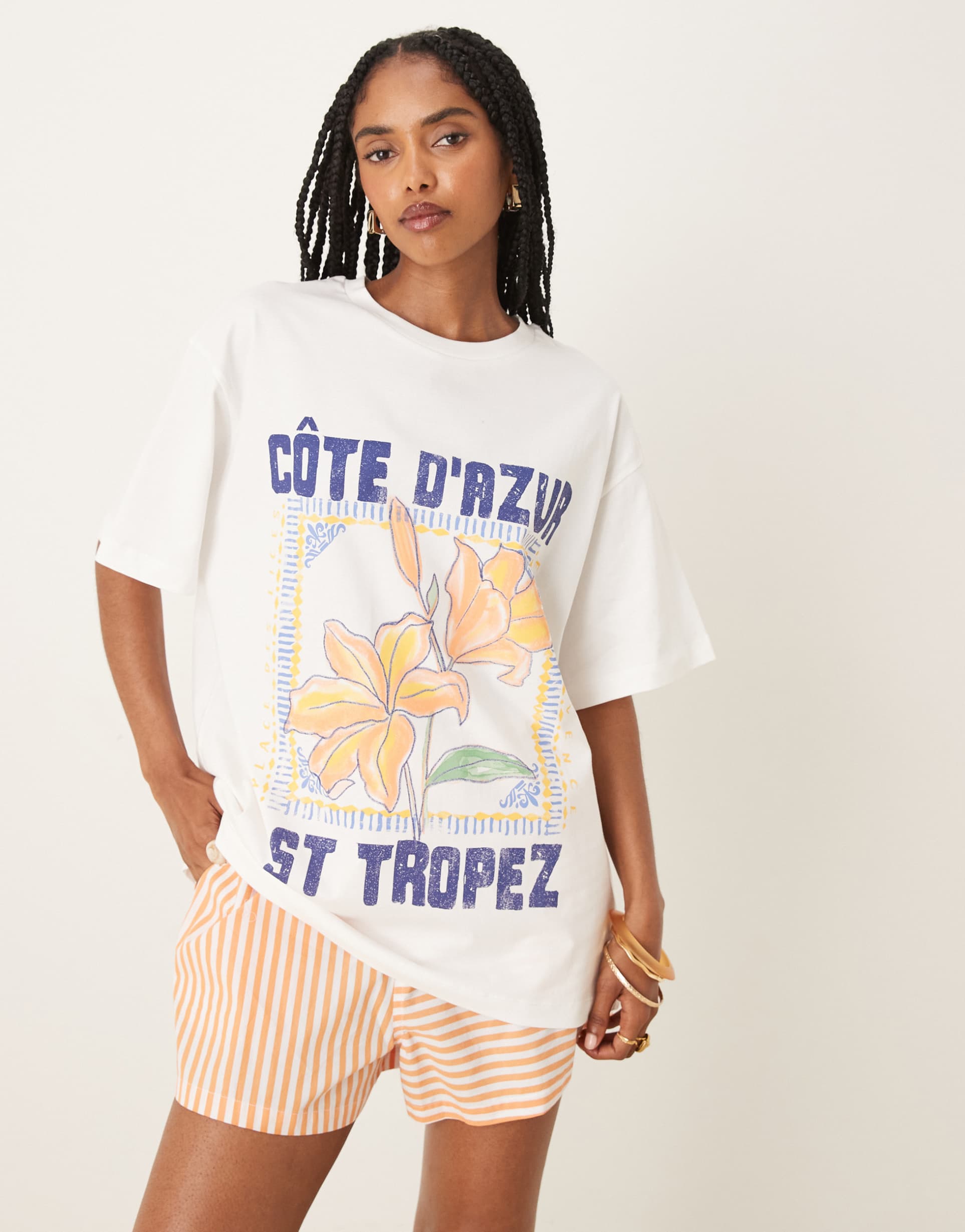 asos design oversized t-shirt with st tropez graphic in cream