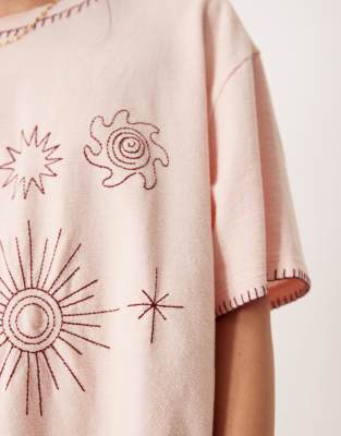 Asos Design Oversized T-shirt With Sun Embroidery In Pink