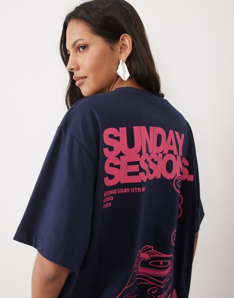 ASOS DESIGN Oversized T-shirt with sunday sessions graphic in pink and blue - view 1
