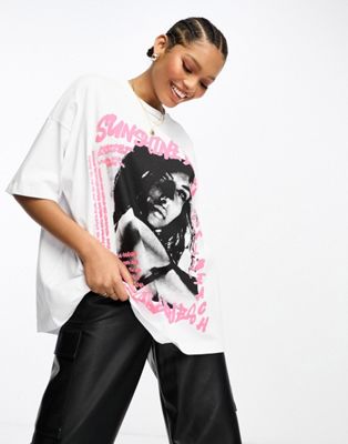 ASOS DESIGN oversized t-shirt with sunshine bay puff graphic in white