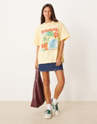 Asos Design Oversized T-shirt With Surfers Graphic In Yellow