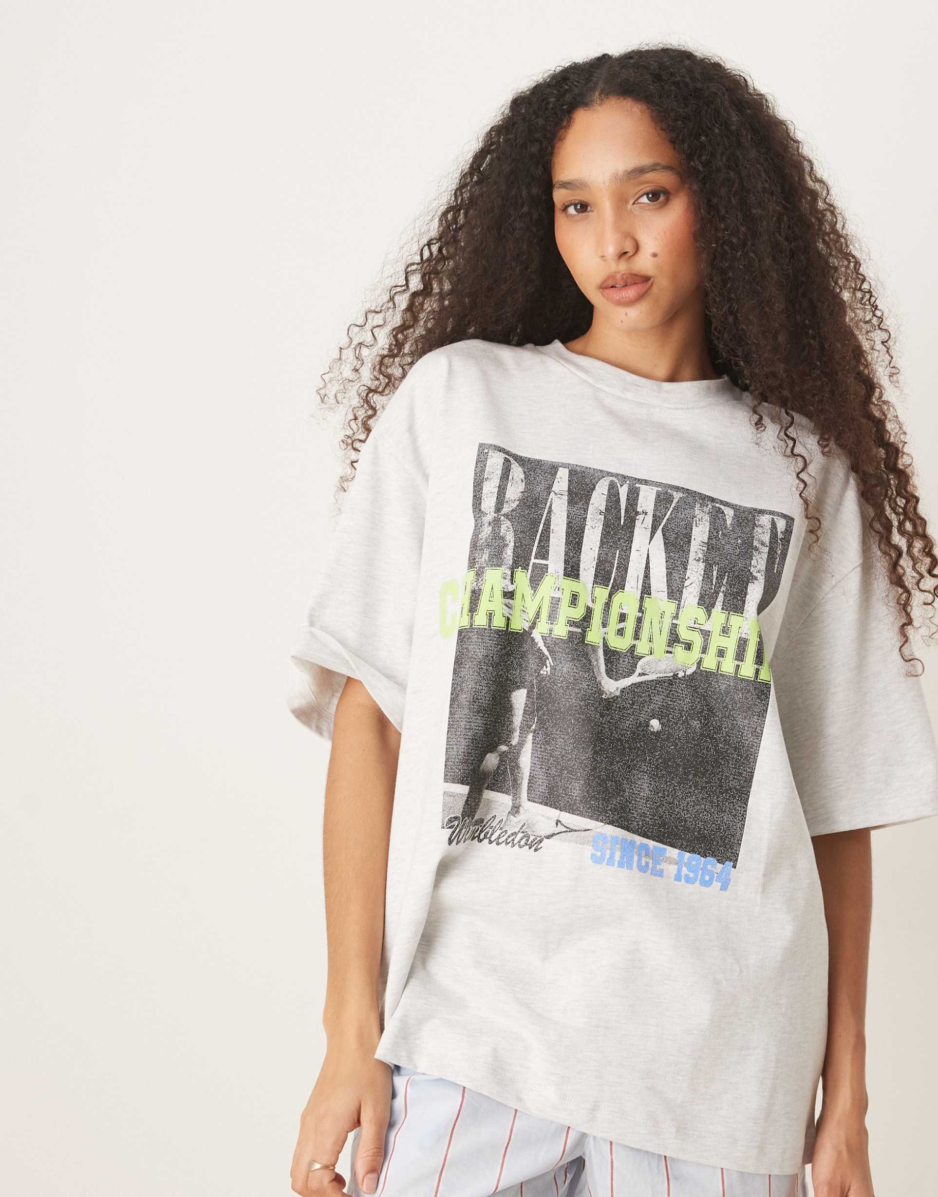 asos design oversized t-shirt with tennis championships graphic in heathered ice