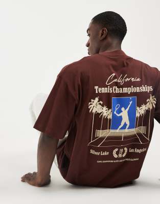ASOS DESIGN oversized T-shirt with tennis graphic in brown rum raisin 3890₽