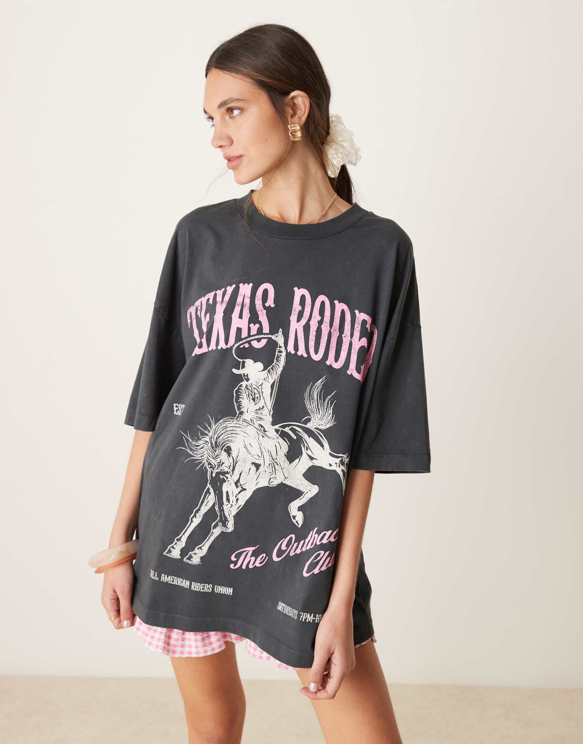 asos design oversized t-shirt with texas rodeo graphic in washed charcoal