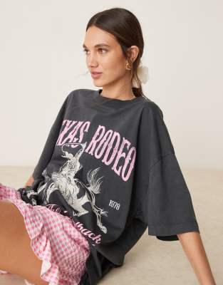 ASOS DESIGN oversized t-shirt with texas rodeo graphic in washed charcoal