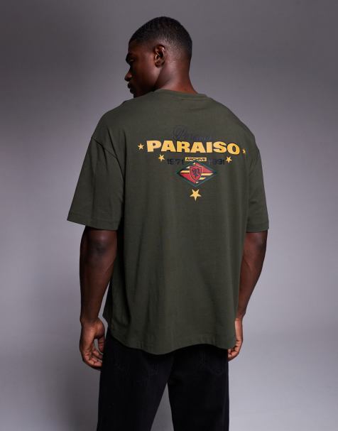 ASOS DESIGN oversized t-shirt with text and emblem graphic in dark green