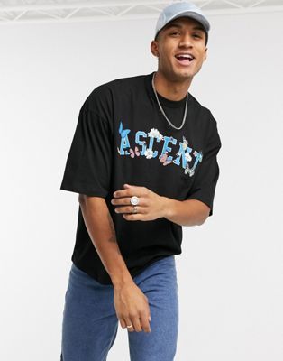 ASOS DESIGN oversized t-shirt with text and floral chest print in black