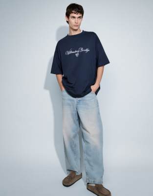 Asos Design Oversized T-shirt With Text Embroidery In Navy