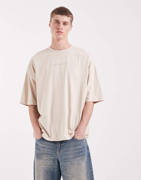 ASOS DESIGN oversized t-shirt with text graphic in beige