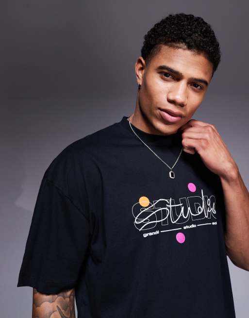 ASOS DESIGN oversized t-shirt with text graphic in black