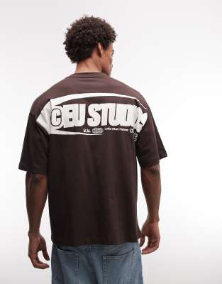 Asos Design Oversized T-shirt With Text Graphic In Brown