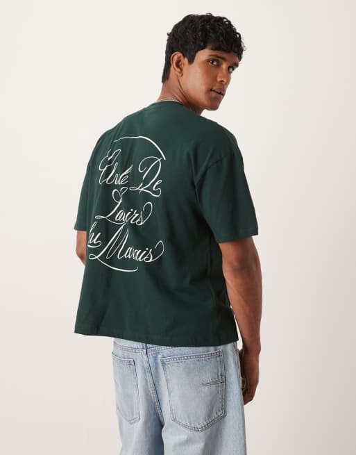ASOS DESIGN oversized t-shirt with text graphic in dark green