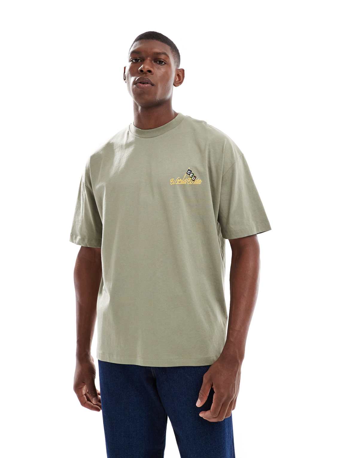 ASOS DESIGN oversized t-shirt with text graphic in light khaki