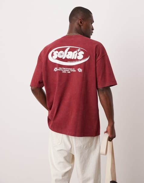 ASOS DESIGN oversized t-shirt with text graphic in washed burgundy - view 1