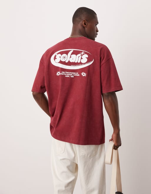 ASOS DESIGN oversized t-shirt with text graphic in washed burgundy