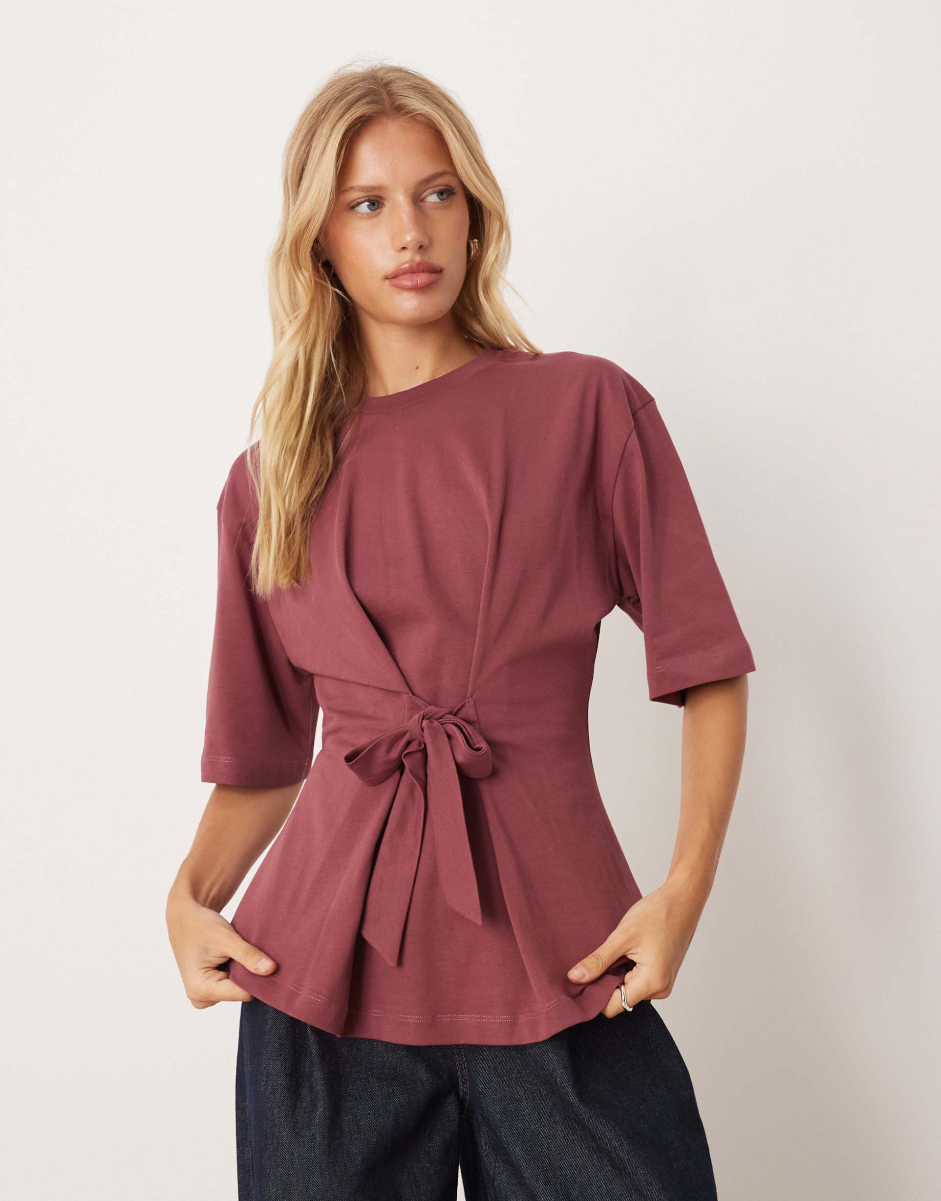 asos design oversized t-shirt with tie cinch waist in dark rose