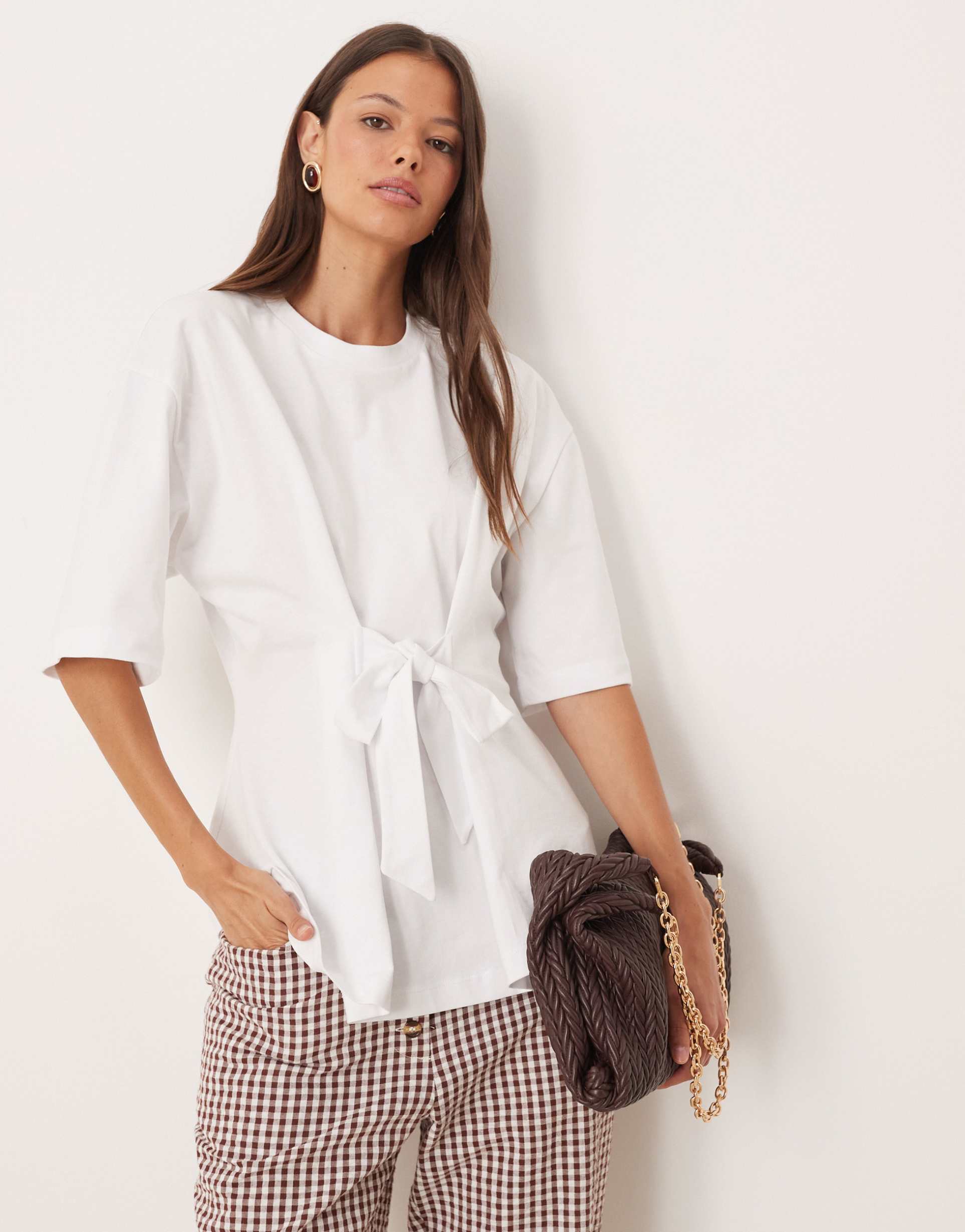 asos design oversized t-shirt with tie cinch waist in white
