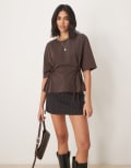 [ASOS DESIGN] ASOS DESIGN oversized t-shirt with tie detail in brown XS BROWN