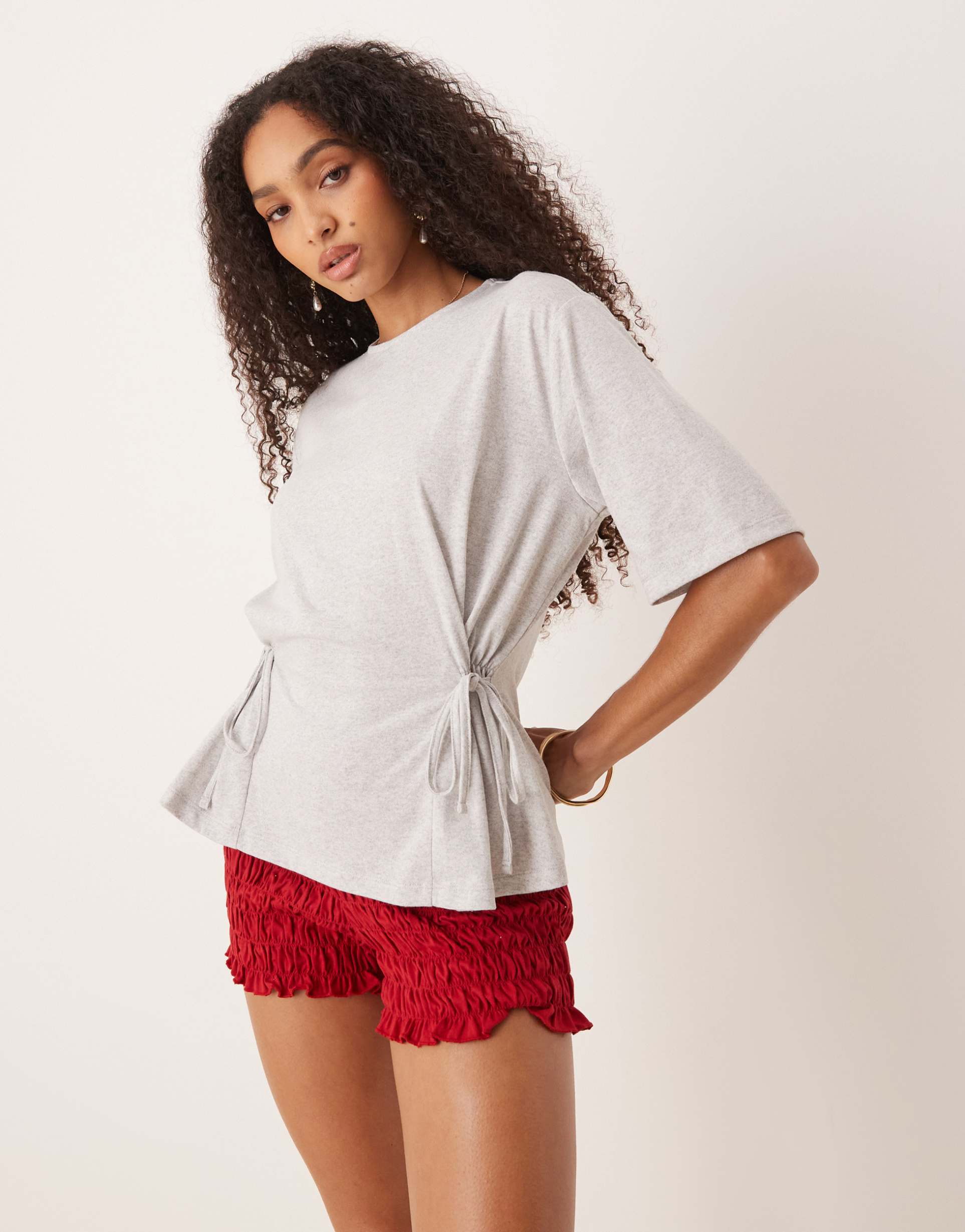 asos design oversized t-shirt with tie detail in gray heather