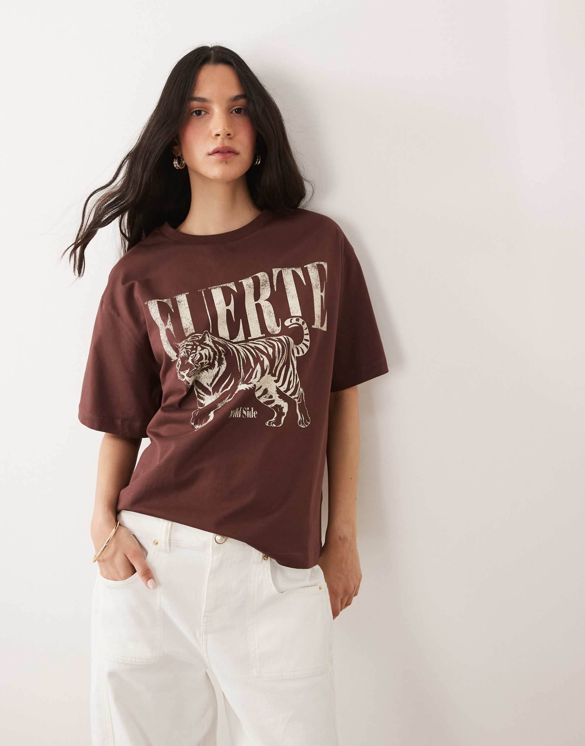asos design oversized t-shirt with tiger graphic in chocolate