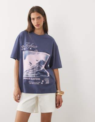 Asos Design Oversized T-shirt With Tofino Surfers Graphic In Blue