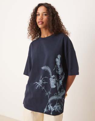Asos Design Oversized T-shirt With Tonal Floral Graphic In Navy