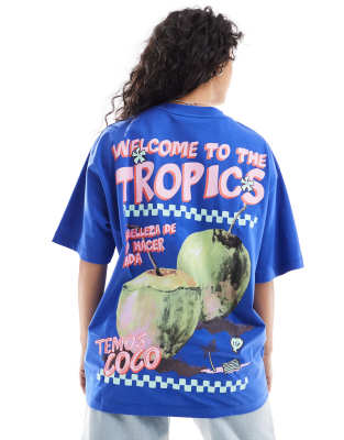 Asos Design Oversized T-shirt With Tropics Apple Graphic In Blue