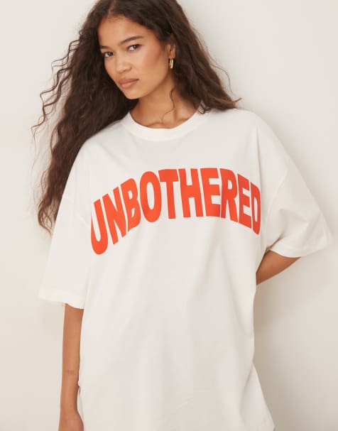 ASOS DESIGN oversized t-shirt with unbothered slogan graphic in cream - view 1